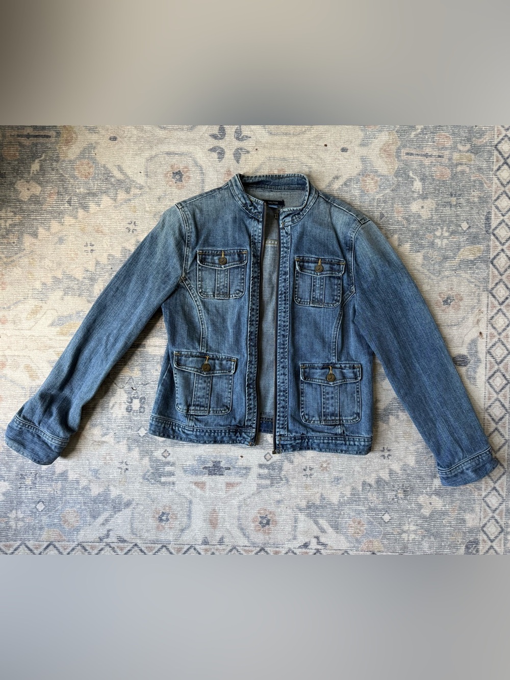 Nautica jean jacket medium blue with zipper & mandarin collar.  Size M